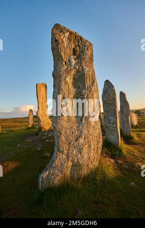 Monolto di Calanais Neolitico Standing Stone (Tursachan Chalanais), Isola di Lewis, Ebridi esterne, Scozia, Regno Unito Foto Stock