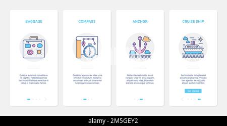 Oggetti di viaggio estivi per illustrazione vettoriale del viaggiatore. UI, UX onboarding mobile app page set con linea valigia valigia, bussola nave ancora i Illustrazione Vettoriale
