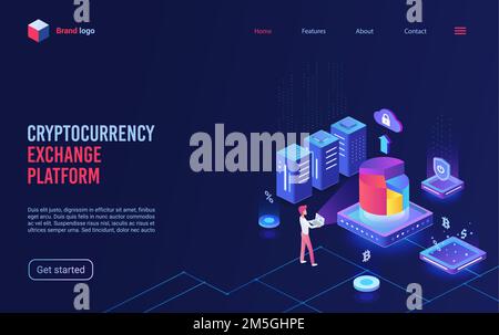 Blockchain cripto valuta, criptovaluta piattaforma di scambio bitcoin isometrica vettore illustrazione. Cartoon 3D sistema finanziario virtuale per e Illustrazione Vettoriale
