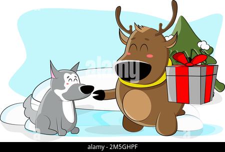 Cervi carino ha preparato un regalo per il suo migliore amico Husky Illustrazione Vettoriale