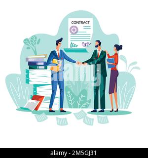 Illustrazione del vettore del concetto di conclusione del contratto. Uomini d'affari soddisfatti scuotono le mani contro l'accordo firmato con il sigillo e le firme, la donna si trova dietro con la mano sulla sua spalla Illustrazione Vettoriale