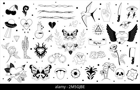 Set di tatuaggi in stile Y2K, 1990s, 2000s. Design a elementi emo goth con cuori fiammeggianti, coltello, rosa, fiore, farfalla, fuoco, cranio. Tatuaggio della vecchia scuola. Illustrazione Vettoriale