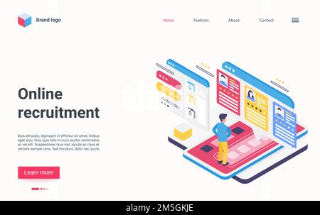 Reclutamento online, assunzione di lavoro via internet isometric vettore illustrazione. Cartoon 3D risorse umane e reclutamento personale processo, forza lavoro ricerca un Illustrazione Vettoriale