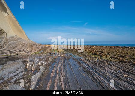 Flysch costa geologica, formazioni Flysch a Zumaya nei Paesi Baschi, Spagna Foto Stock