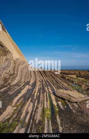 Flysch costa geologica, formazioni Flysch a Zumaya nei Paesi Baschi, Spagna Foto Stock