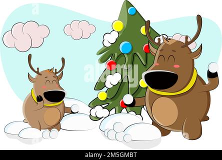 Cervi carini stanno giocando palle di neve in una bella giornata innevata Illustrazione Vettoriale