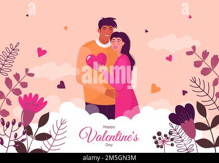 san valentino illustrazione con amanti abbraccianti e fiori Illustrazione Vettoriale