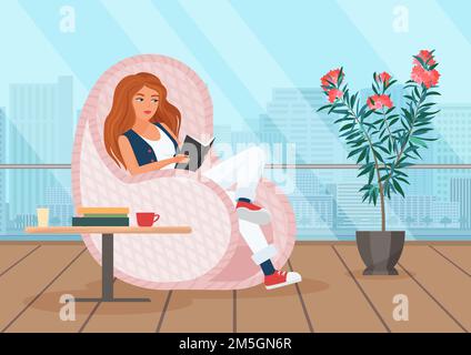 Libro di lettura della ragazza sulla terrazza illustrazione vettoriale. Fumetto giovane donna personaggio seduta in comoda sedia sul balcone, tenendo libro di storia in mani t Illustrazione Vettoriale