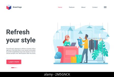 Illustrazione vettoriale negozio uomo di moda. Cartoon menswear moda interni boutique con shopper carattere acquistare abiti alla moda, acquirente con shopping b Illustrazione Vettoriale