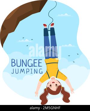 Bungee jumping Illustrazione con una persona che indossa una corda elastica che cade saltando da un'altezza in Cartoon Extreme Sport modello vettoriale piatto Illustrazione Vettoriale