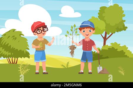 Illustrazione del vettore di piantine per bambini. Cartone animato ragazzo felice contadino personaggio tenendo pala, albero sipling, bambino piantando giardinaggio in verde na Illustrazione Vettoriale