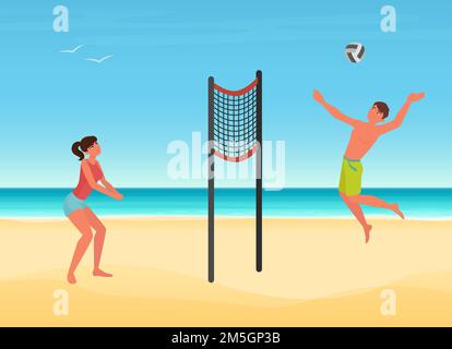 Le coppie giocano a pallavolo sulla spiaggia estiva del mare di isola tropicale illustrazione vettoriale. Cartoon giovane donna uomo giocatore personaggio giocare a palla, jumpi Illustrazione Vettoriale