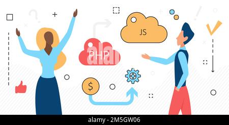 Archiviazione online su cloud di dati, icone di linguaggio di persone e computer isolate in bianco Illustrazione Vettoriale