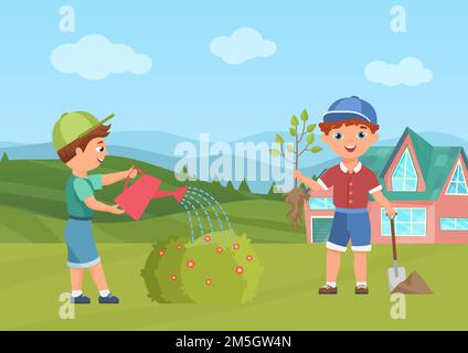 Happy bambini piante d'acqua in estate giardino verde o parco illustrazione vettoriale. Cartoon bambino giardiniere personaggio che tiene albero sapling, ragazzo prescolare w Illustrazione Vettoriale