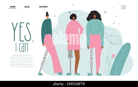 Web zampa di atterraggio con anomalie sportive di nascita donne, ha gamba bionica, piede in titanio, impianto o protesi. Illustrazione vettoriale con frase sì, posso. Illustrazione Vettoriale