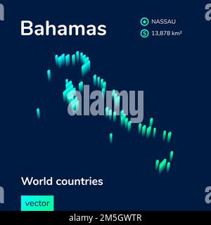Mappa Bahamas 3D. La mappa vettoriale al neon isometrica stilizzata a righe delle Bahamas è in colori verde e menta sullo sfondo blu scuro Illustrazione Vettoriale