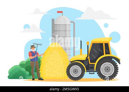 Contadino persone lavoro in villaggio, grano raccolto agricoltura tecnologia vettore illustrazione. Cartone animato uomo anziano felice personaggio lavoratore portatore di Pitchfork, Illustrazione Vettoriale