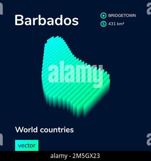 Barbados 3D mappa. La mappa digitale isometrica al neon stilizzata vettoriale delle Barbados è in colori verde e menta sullo sfondo blu scuro Illustrazione Vettoriale