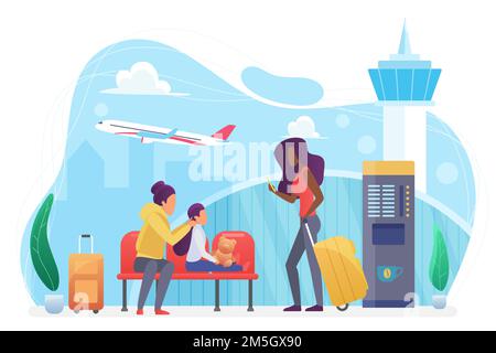 Trasporto aereo, persone turisti in attesa di volo in moderno aeroporto vettore illustrazione. I personaggi della famiglia Cartoon viaggiano, aspettando nel terminal della hall Illustrazione Vettoriale