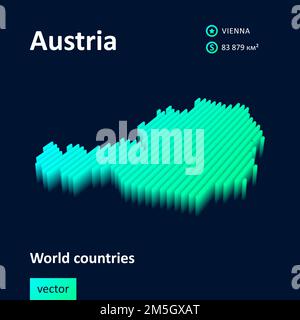 Mappa Austria 3D. Mappa vettoriale digitale a strisce isometriche al neon stilizzate in colori verde e menta su sfondo blu scuro Illustrazione Vettoriale