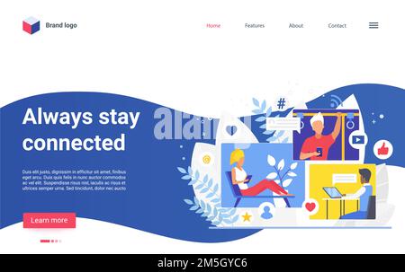Social media network, comunicazione via internet landing page. Cartoon persone in rete, chattare, comunicare con gli amici in chat, guardare video Illustrazione Vettoriale