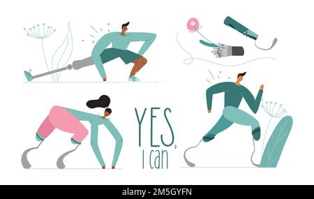 Illustrazione vettoriale con set caratteri, donna sportiva, mans nascita anomalia, ha gamba bionica, piede in titanio, Impianto o protesi e frase sì, posso. Illustrazione Vettoriale