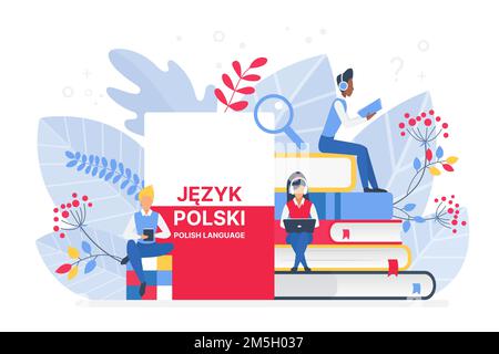 Persone che imparano l'illustrazione vettoriale della lingua polacca. Polonia formazione a distanza, concetto di corsi di formazione online. Studenti che leggono libri cartoni animati Illustrazione Vettoriale