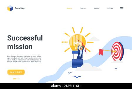 Cartone animato successo vincitore businessman personaggio con idea bulbo vince, raggiungere obiettivi di carriera, risolvere il problema di lavoro. Landing page sito web design di b Illustrazione Vettoriale