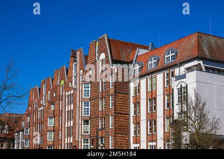 Vista della casa a cinque gittate su Universitätsplatz, nella città anseatica di Rostock. Foto Stock