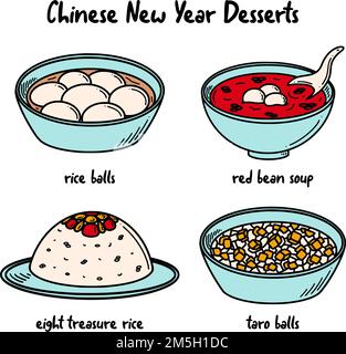 CNY Celebration, Chinese New Year Dessert illustrazione vettoriale in stile doodle. Illustrazione Vettoriale