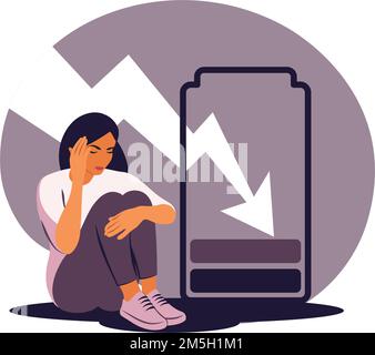 Concetto di bassa energia e burnaut. Giovane donna depressa stanca sentendosi completamente esaurita come una batteria scarica. Illustrazione vettoriale Illustrazione Vettoriale