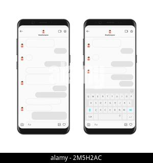 Modello realistico dell'app Messenger per chat su smartphone con bolle di chat e tastiera. Compositore finestre di dialogo Mockup vettoriale Illustrazione Vettoriale