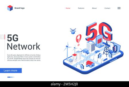 Landingpage concetto moderno, banner cartoon sito web, tecnologia di rete mobile 3D tech per città intelligenti, 5g conning wireless per telecomunicazioni ad alta velocità Illustrazione Vettoriale