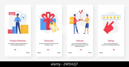 Acquisti online, sconti sulle vendite, ordini e consegne, set di schermate per app mobili Illustrazione Vettoriale