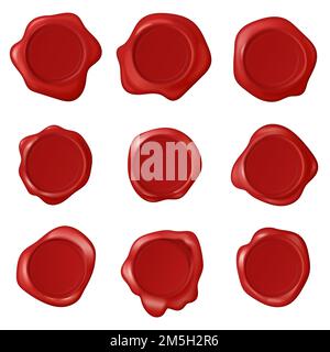 Set vettoriale per francobolli a cera d'epoca retro. Raccolta di cera per francobolli realistica. Etichette con timbro rosso per il certificato Illustrazione Vettoriale