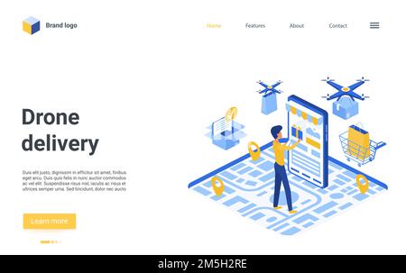 Personaggio uomo isometrico Cartoon utilizzando l'app per telefono per l'ordinazione, spedizione veloce confezione in aereo, 3D landing page design per il deliverin logistico di business Illustrazione Vettoriale