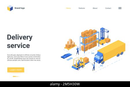 3d landing page sito web design con cartoni animati lavoratori personaggi lavorare su carrello elevatore a forche, caricare scatole pallet in camion, processo di caricamento in magazzino. Isome Illustrazione Vettoriale