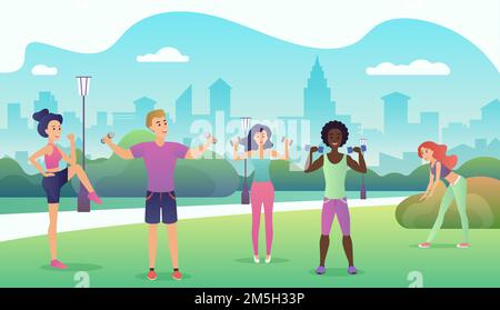 Persone nel parco pubblico che fanno fitness. Sport attività all'aperto disegno piatto illustrazione vettoriale. Donne che fanno yoga, stretching, fitness all'aperto Illustrazione Vettoriale