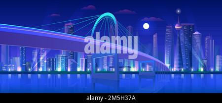 City Highway Night bridge, moderno skyline neon futuristico urbano, torre grattacieli in centro Illustrazione Vettoriale