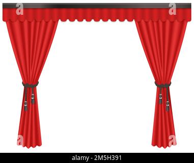 Aperto lusso, costoso scarlatto rosso tende velluto tendaggi isolati su sfondo bianco Illustrazione Vettoriale