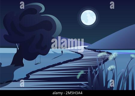 Fiume vicino montagne nella notte profonda paesaggio rurale natura con luna profonda e riflessi fiume Illustrazione Vettoriale