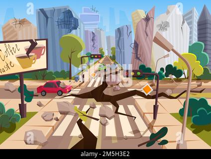 Terremoto realistico con fessure di terra in cartoon rovinato città case urbane con crepe e danni. Disastro naturale o cataclisma, catastrop naturale Illustrazione Vettoriale