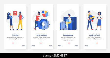 Analisi dei dati tecnologia di ricerca, soluzione, sviluppo aziendale mobile app set Illustrazione Vettoriale
