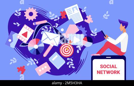 Illustrazione vettoriale del concetto di tecnologia dei contenuti dei social media. Utente di cartoon che utilizza il telefono cellulare per creare blog foto, musica e contenuti video, ema Illustrazione Vettoriale