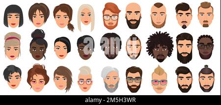 Personaggi, ritratti facciali teste adulte con volti o capelli diversi, nazionalità e razze Illustrazione Vettoriale