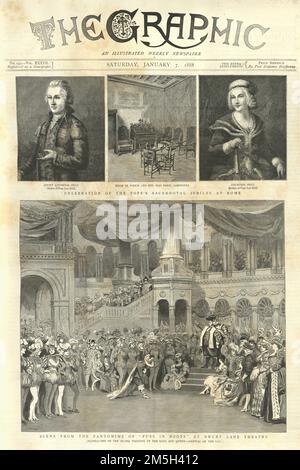 Prima pagina Graphic Illustrated Newspaper, 1888, Papa Leone XII, Sacerdotal Jubilee, Pantomine Puss in Boats, Drury Lane Theatre, Vittoriano 19th ° secolo Foto Stock