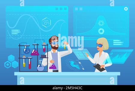 Ricerca scientifica futuristica di laboratorio, biochimica, farmacia, biotecnologia esperimento concetto Illustrazione Vettoriale