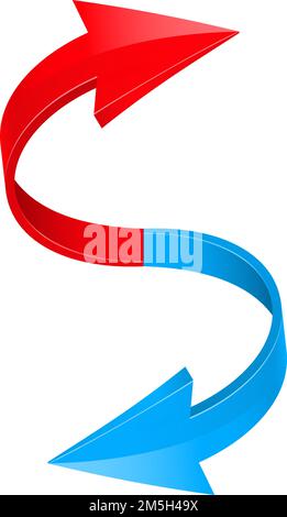 3D frecce colorate lucide. Illustrazione con cursori rossi e blu o cartelli Web. Illustrazione eseguita in un progetto sferico su sfondo bianco Illustrazione Vettoriale