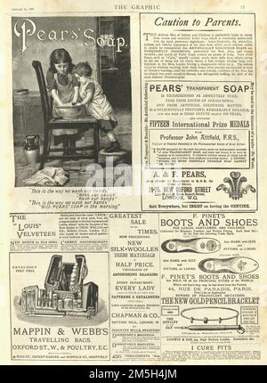 Pagina di vecchi annunci di giornale, sapone di Pear, Mappin e Webb's borse da viaggio, Pinet's Boots e scarpe, braccialetto a matita d'oro, 19th ° secolo Foto Stock