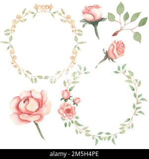 Acquerello verde e fiori di peonia wreath illustrazione, foglie verdi e fiori wreath clip arte, cornice matrimonio composizione bouquet. Foto Stock